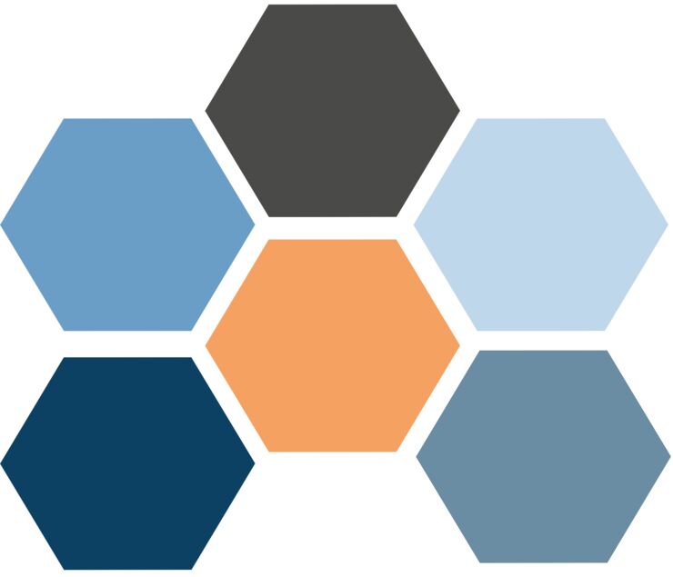 decorative illustration of hexagons in blue, orange and gray