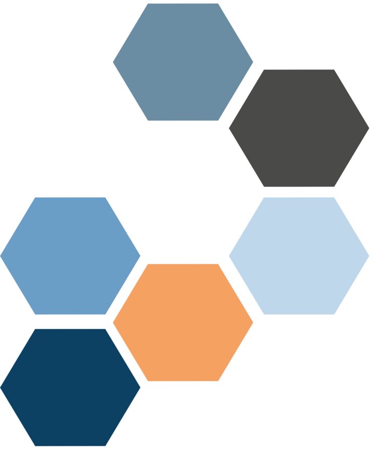 decorative illustration of hexagons in blue, orange and gray